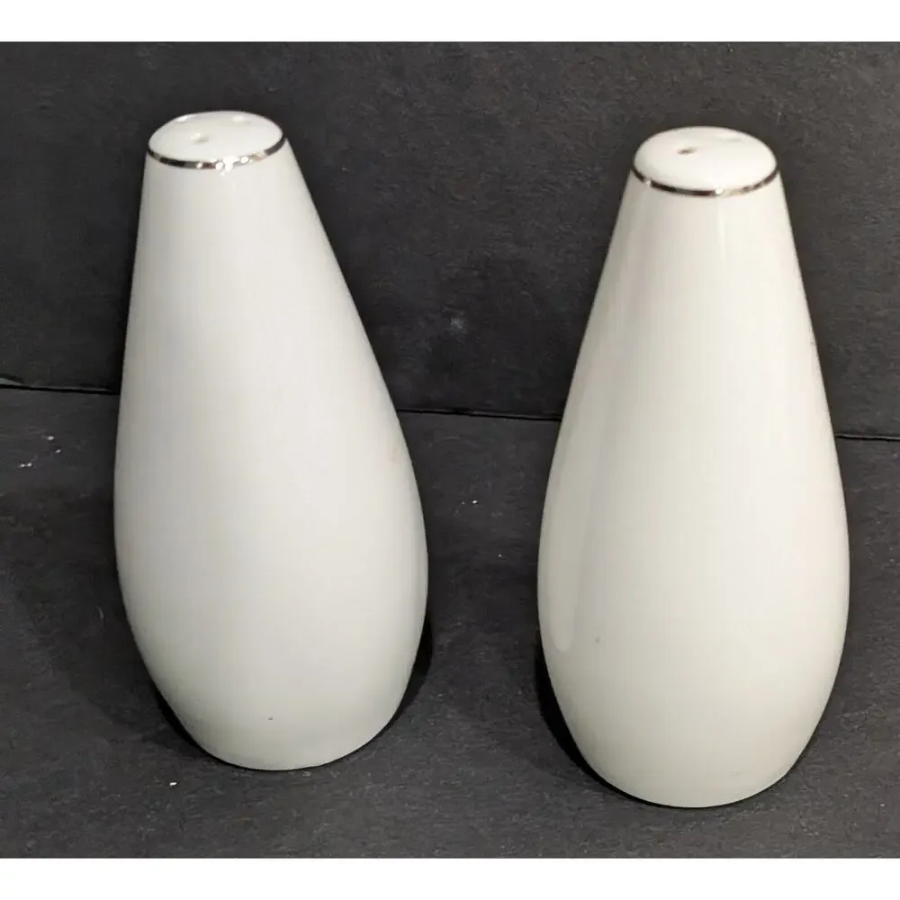 Salt and Pepper Shakers Vintage MCM Japan Porcelain Rosebud Platinum Trim 4.25”